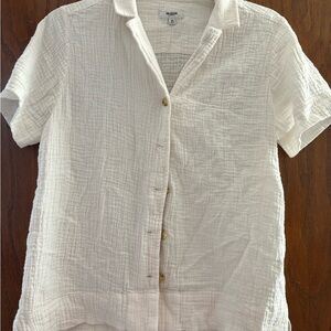 Kensie Cream Textured Short Sleeve Linen Shirt